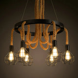 Rustic Circular Iron Pendant Light With Hemp Rope And Cage - 6 Bulb Brown Chandelier For Restaurants
