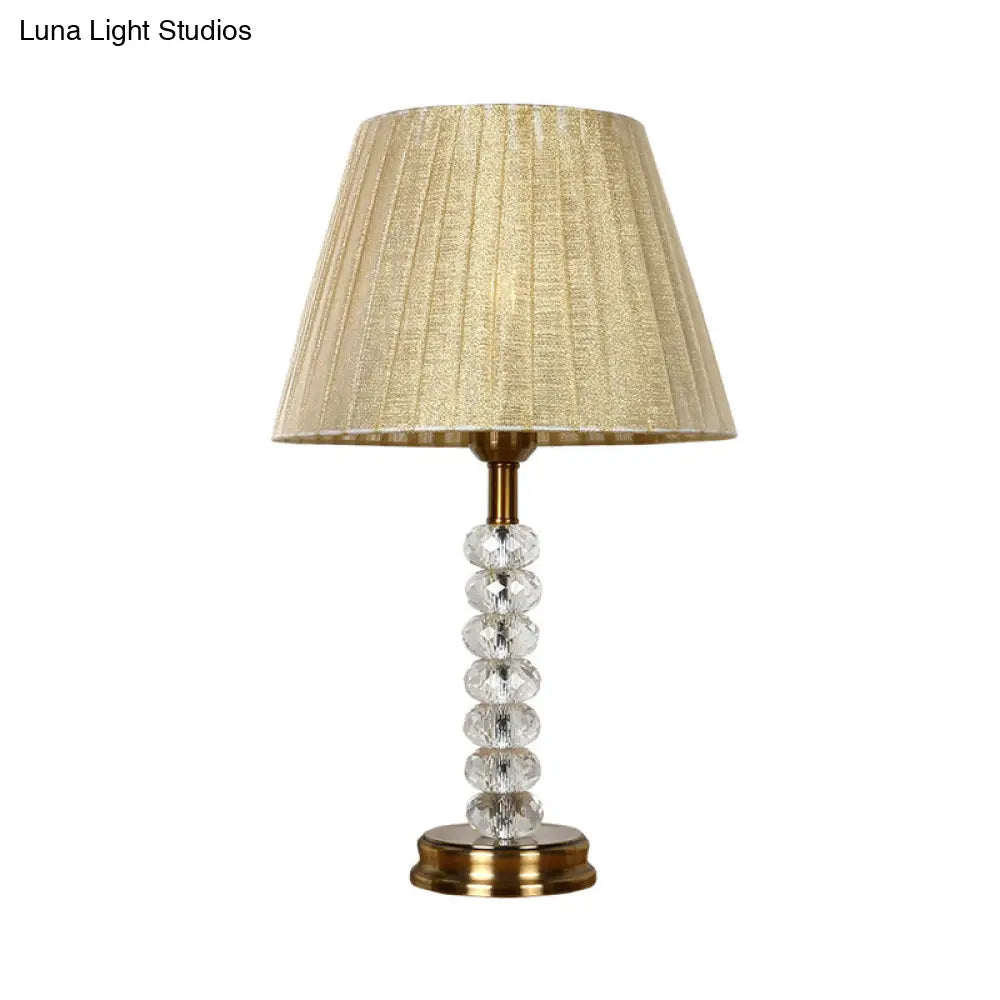 Rustic Clear Crystal Night Table Lamp - Pleated Shade 1 Light Bedroom Nightstand (Beige)
