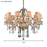 Rustic Clear Crystal Pendant Chandelier: 6/8/10 Heads Beige Hanging Ceiling Light With Fabric Shade