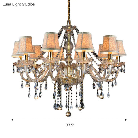 Rustic Clear Crystal Pendant Chandelier: 6/8/10 Heads Beige Hanging Ceiling Light With Fabric Shade