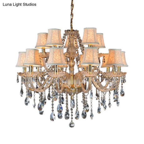 Rustic Clear Crystal Pendant Chandelier: 6/8/10 Heads Beige Hanging Ceiling Light With Fabric Shade