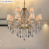 Rustic Clear Crystal Pendant Chandelier: 6/8/10 Heads Beige Hanging Ceiling Light With Fabric Shade