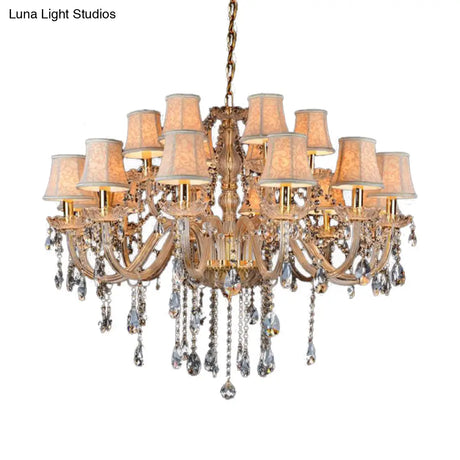 Rustic Clear Crystal Pendant Chandelier: 6/8/10 Heads Beige Hanging Ceiling Light With Fabric Shade