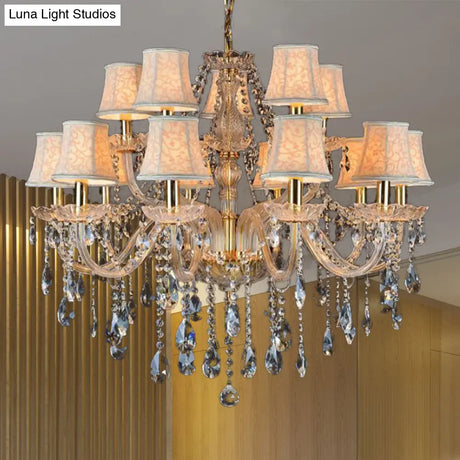 Rustic Clear Crystal Pendant Chandelier: 6/8/10 Heads Beige Hanging Ceiling Light With Fabric Shade