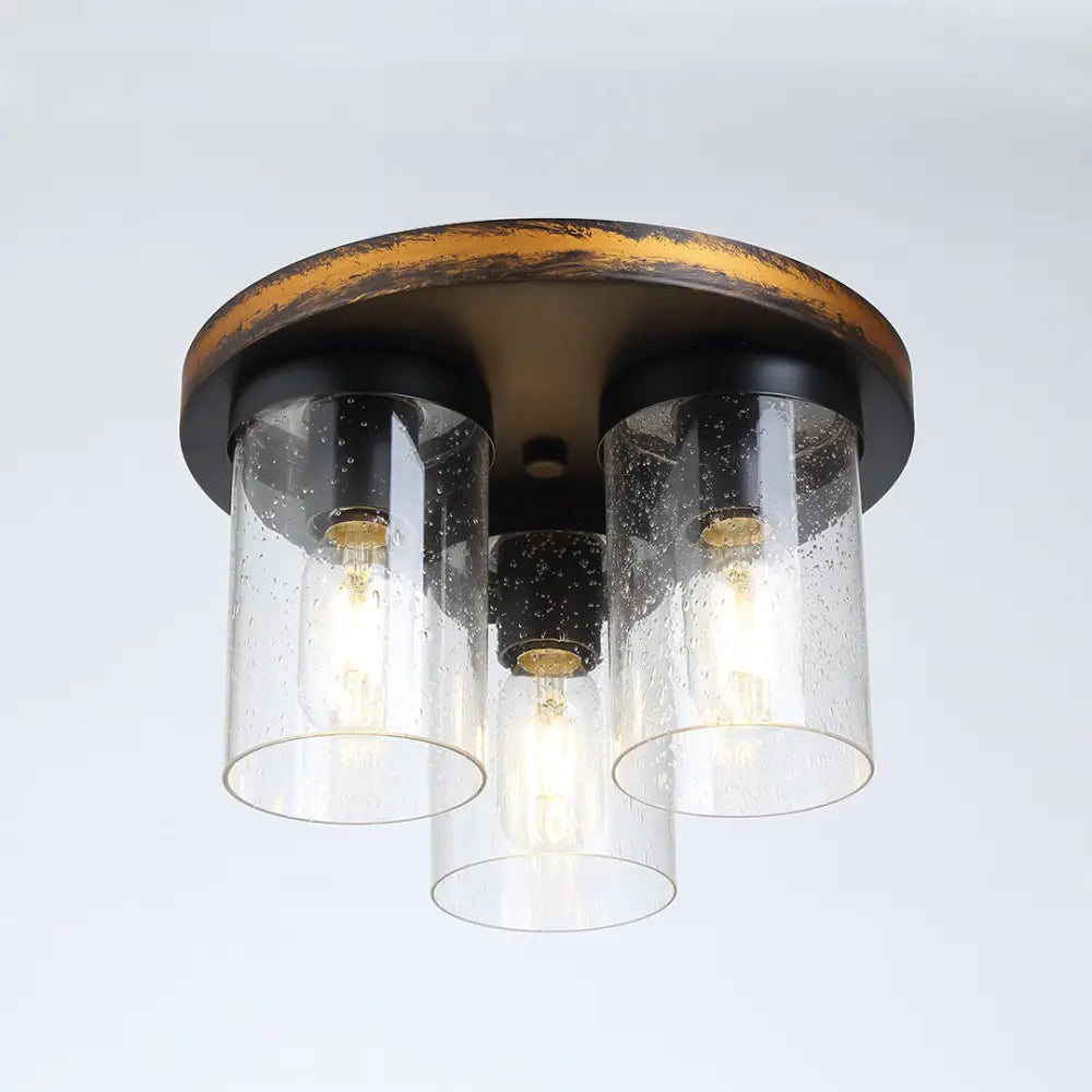 Rustic Clear Glass Ceiling Light With 3 Downward Cylindrical Bulbs - Flushmount