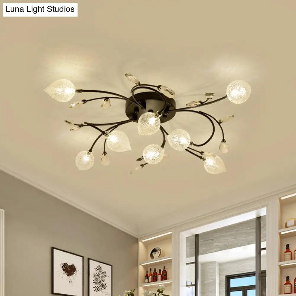 Rustic Clear Glass Sputnik Semi Flush Light With Crystal Deco - Black/Gold Finish