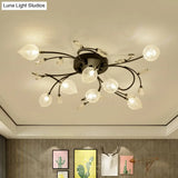 Rustic Clear Glass Sputnik Semi Flush Light With Crystal Deco - Black/Gold Finish