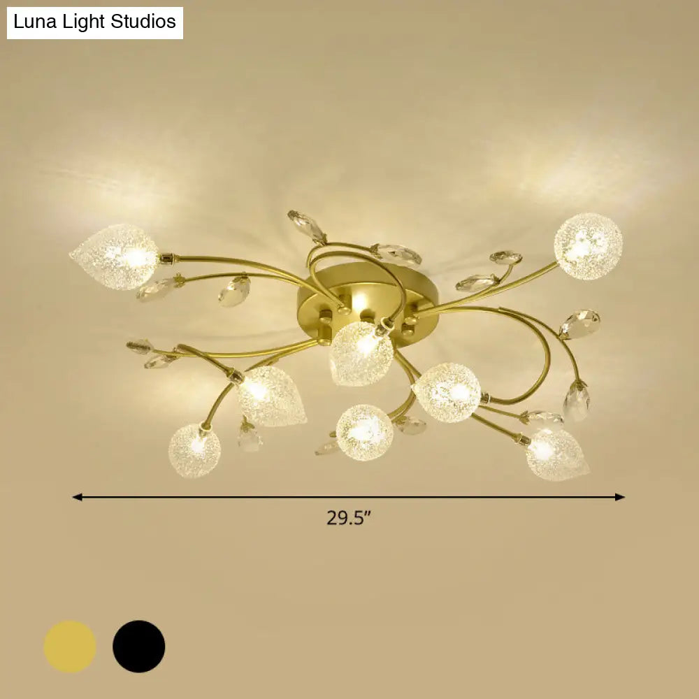 Rustic Clear Glass Sputnik Semi Flush Light With Crystal Deco - Black/Gold Finish