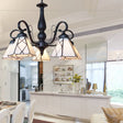 Rustic Cone Pendant Light With Gooseneck Rhombus/Leaf Pattern - 5 Lights Stained Glass Chandelier