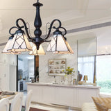 Rustic Cone Pendant Light With Gooseneck Rhombus/Leaf Pattern - 5 Lights Stained Glass Chandelier