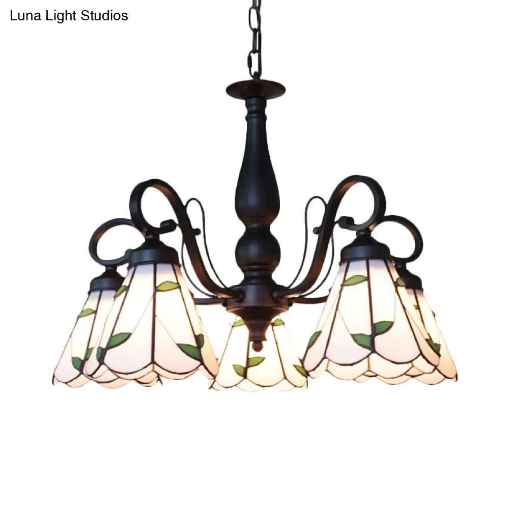 Rustic Cone Pendant Light With Gooseneck Rhombus/Leaf Pattern - 5 Lights Stained Glass Chandelier