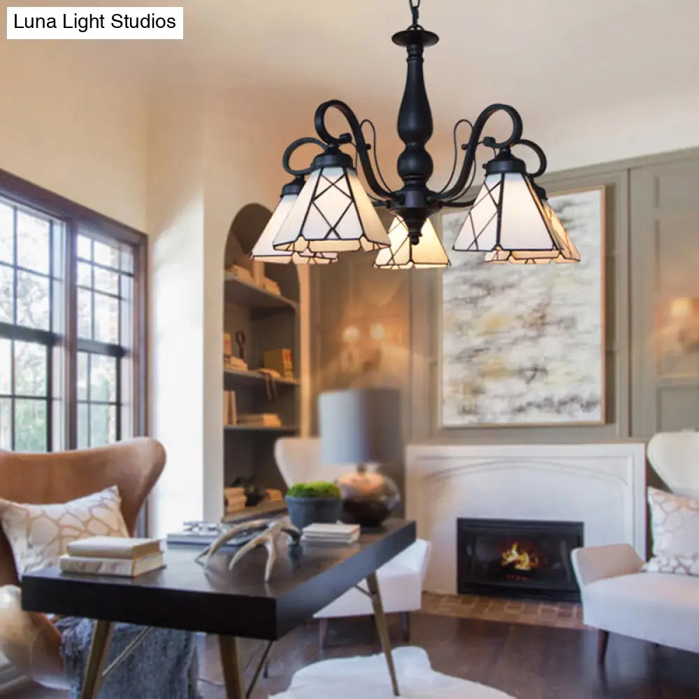 Rustic Cone Pendant Light With Gooseneck Rhombus/Leaf Pattern - 5 Lights Stained Glass Chandelier