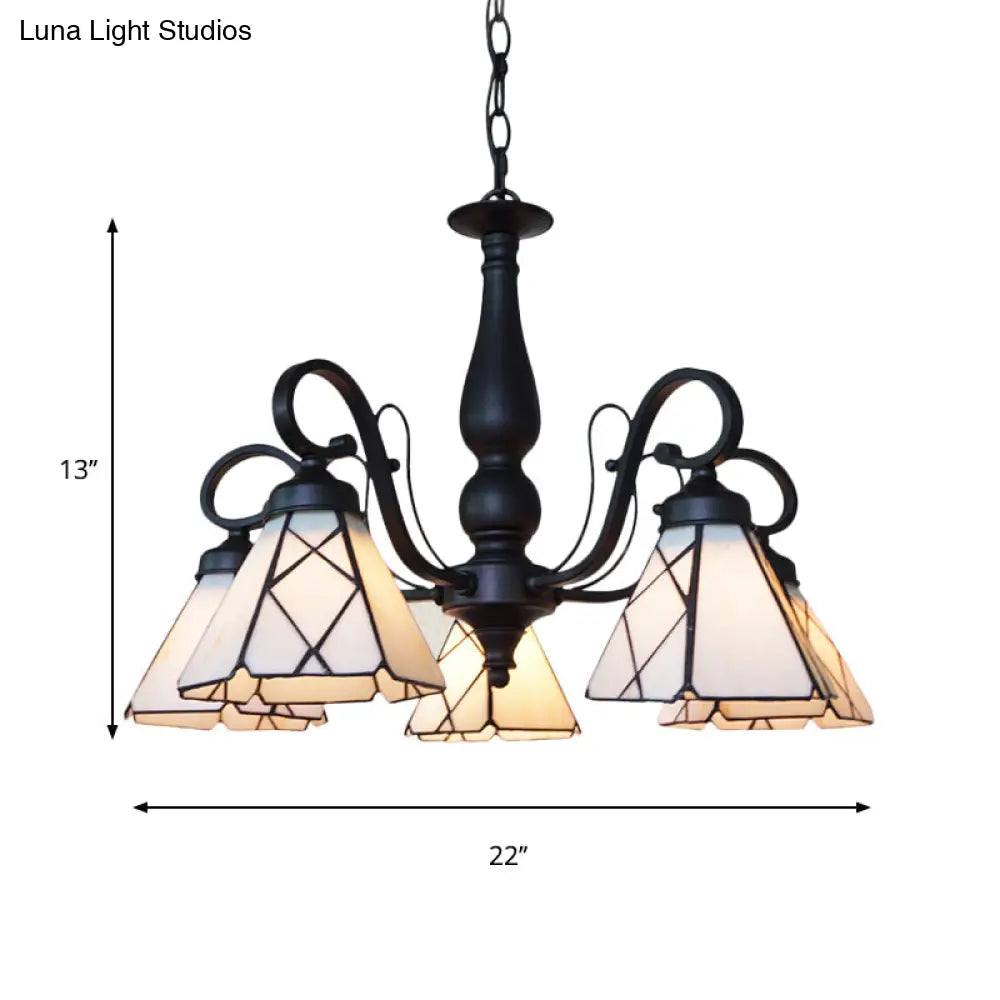 Rustic Cone Pendant Light With Gooseneck Rhombus/Leaf Pattern - 5 Lights Stained Glass Chandelier