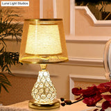 Rustic Conical Fabric Night Lamp With Crystal-Encrusted Gold Base