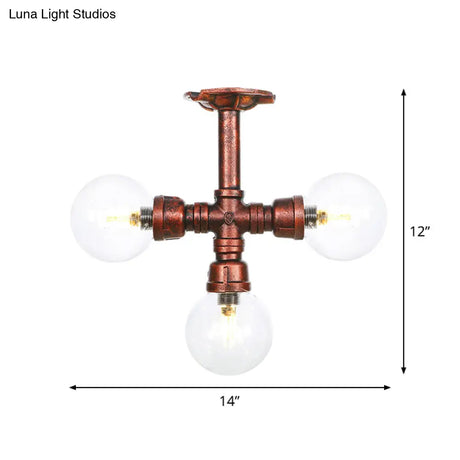 Rustic Copper Semi-Flush Ceiling Light With Clear Glass - 3/4-Light Flush Mount Fixture