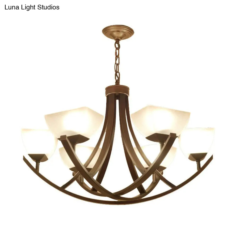 Rustic Copper Suspension Light With Bowl Shade - Frost Glass Chandelier For Living Room