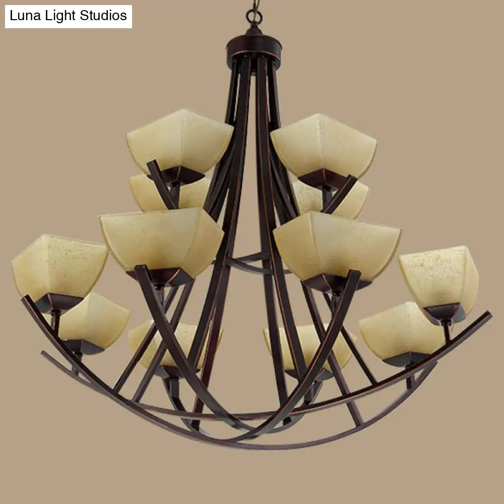 Rustic Copper Suspension Light With Bowl Shade - Frost Glass Chandelier For Living Room