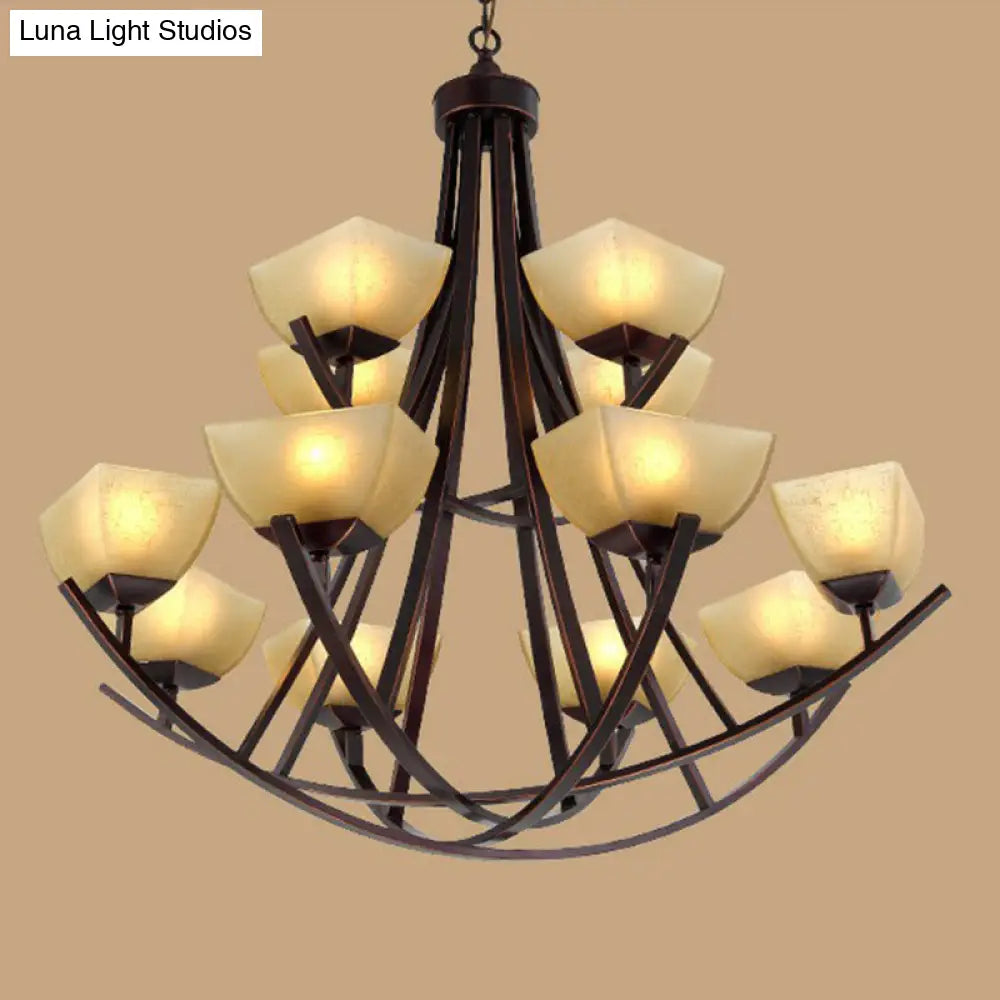 Rustic Copper Suspension Light With Bowl Shade - Frost Glass Chandelier For Living Room