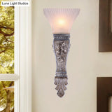 Rustic Corridor Sconce Light - Ribbed Glass Flared Wall Mount With Silver Base