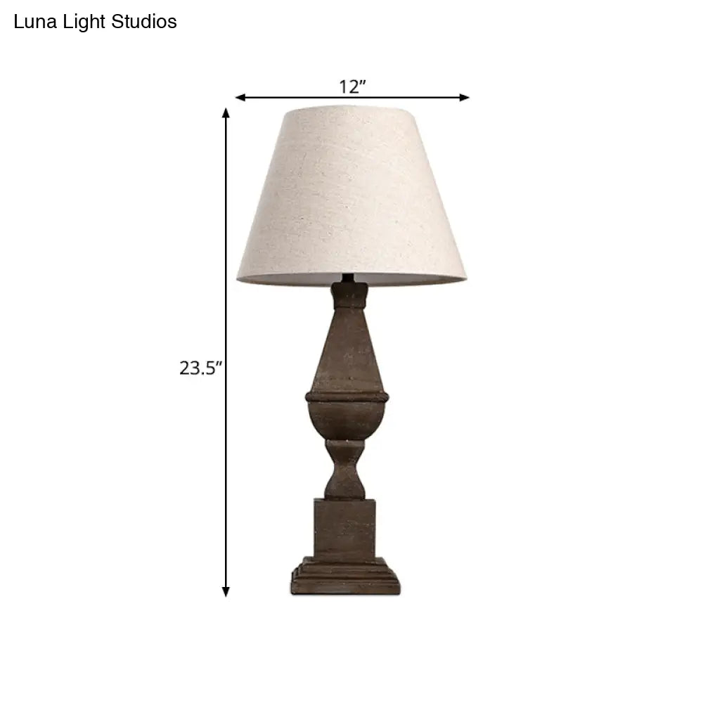 Rustic Countryside Night Light: Brown Conic Fabric 1-Bulb Table Lamp With Resin Base