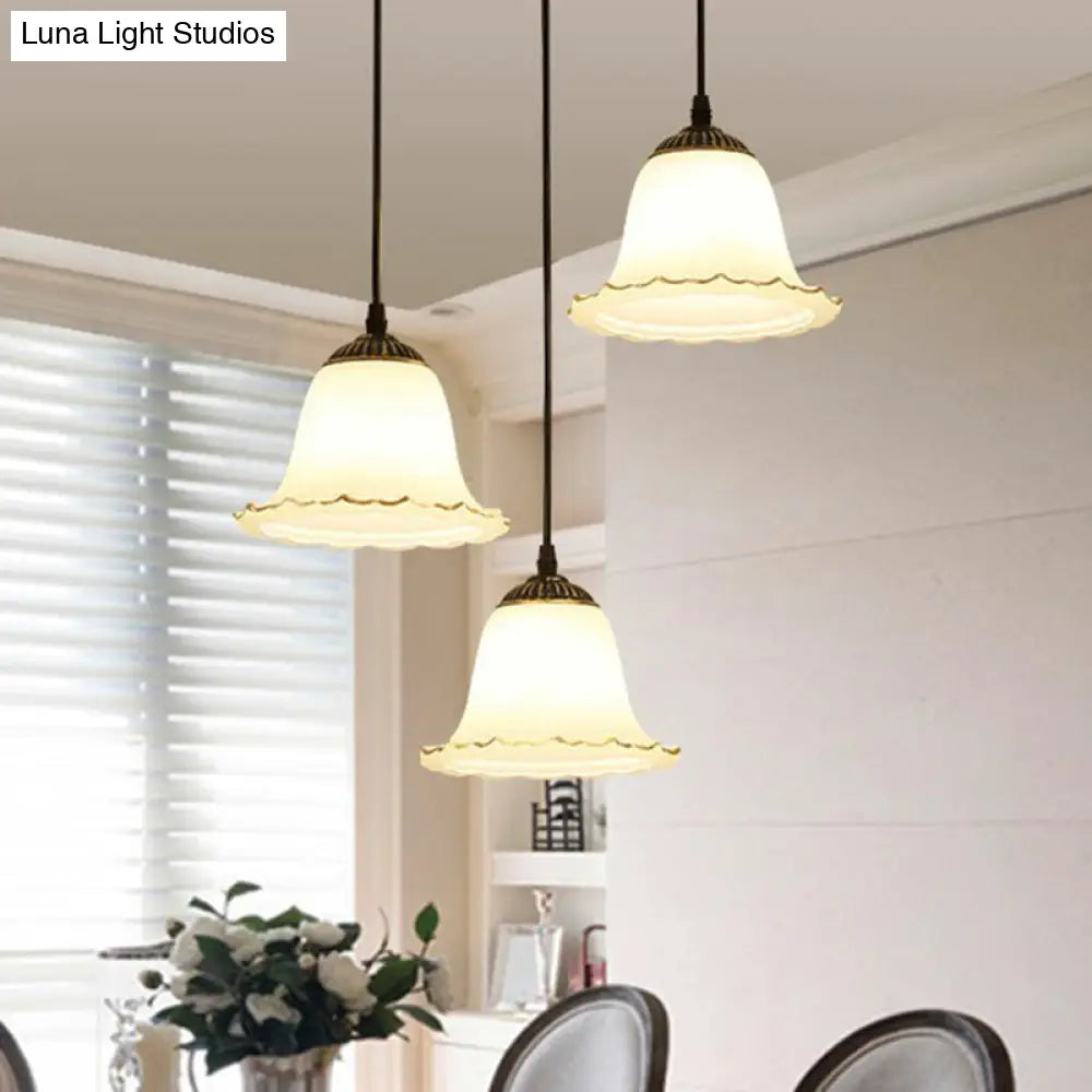 Rustic Cream Glass 3-Bulb Black Pendant Light - Flower-Inspired Dining Room Hanging Fixture