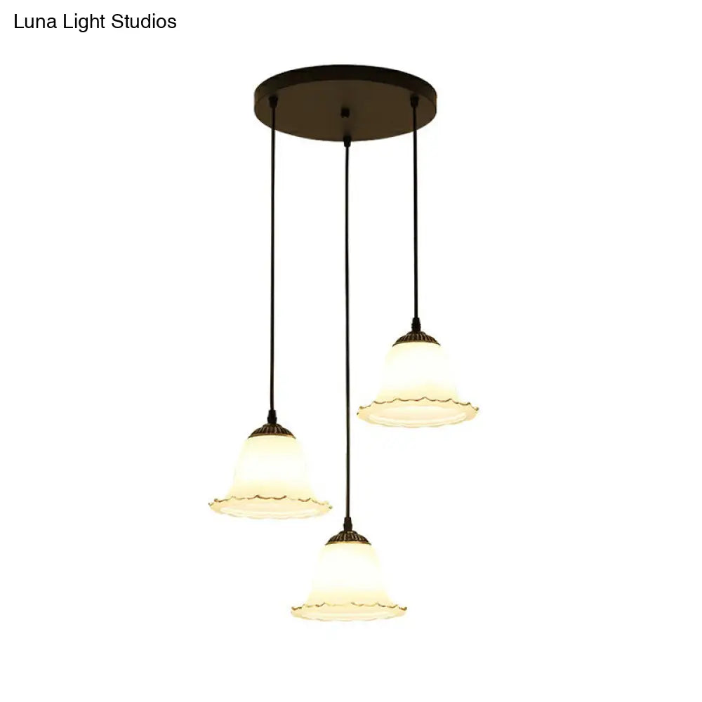 Rustic Cream Glass 3-Bulb Black Pendant Light - Flower-Inspired Dining Room Hanging Fixture