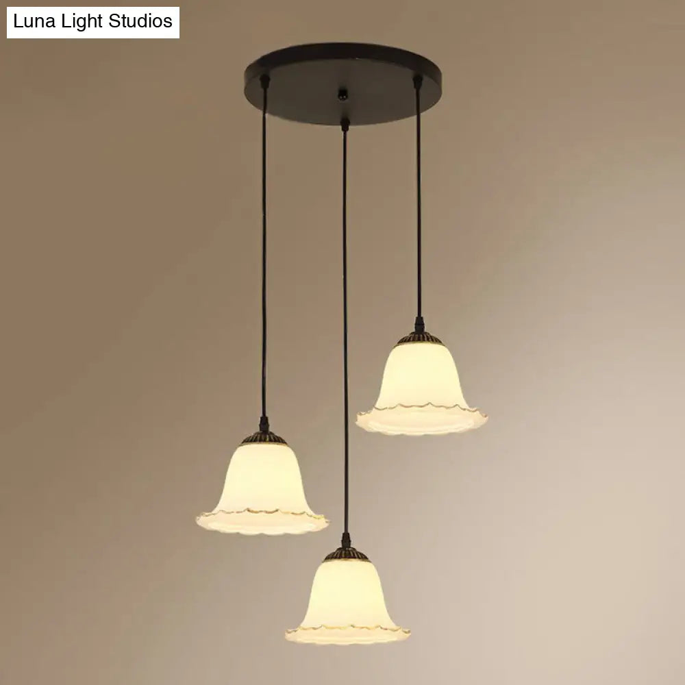 Rustic Cream Glass 3-Bulb Black Pendant Light - Flower-Inspired Dining Room Hanging Fixture
