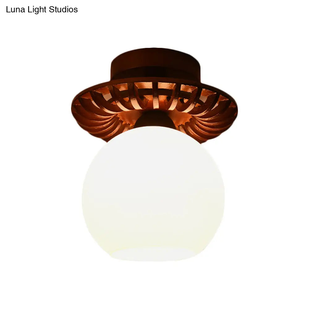 Rustic Cream Glass Flush Mount Ceiling Light With Wood Frame - Brown Globe/Square Design
