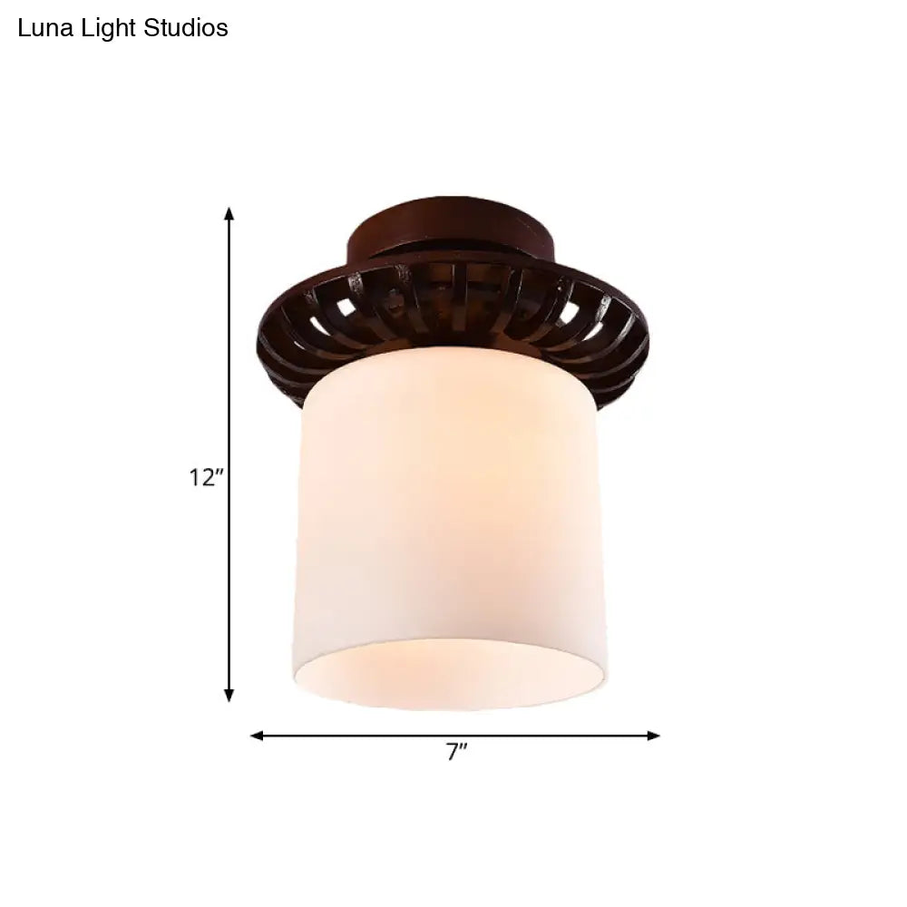 Rustic Cream Glass Flush Mount Ceiling Light With Wood Frame - Brown Globe/Square Design