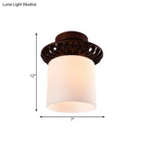 Rustic Cream Glass Flush Mount Ceiling Light With Wood Frame - Brown Globe/Square Design