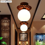 Rustic Cream Glass Flush Mount Ceiling Light With Wood Frame - Brown Globe/Square Design