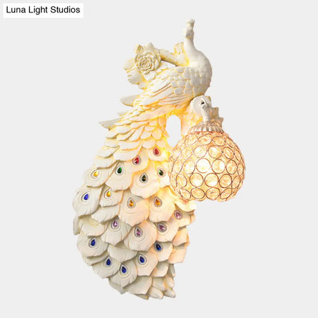 Rustic Crystal Ball Sconce: Peacock & Rose Decor Single Bulb Wall Mounted Light In White/Blue/Green