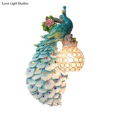 Rustic Crystal Ball Sconce: Peacock & Rose Decor Single Bulb Wall Mounted Light In White/Blue/Green