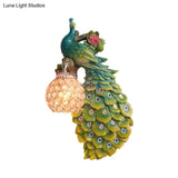 Rustic Crystal Ball Sconce: Peacock & Rose Decor Single Bulb Wall Mounted Light In White/Blue/Green