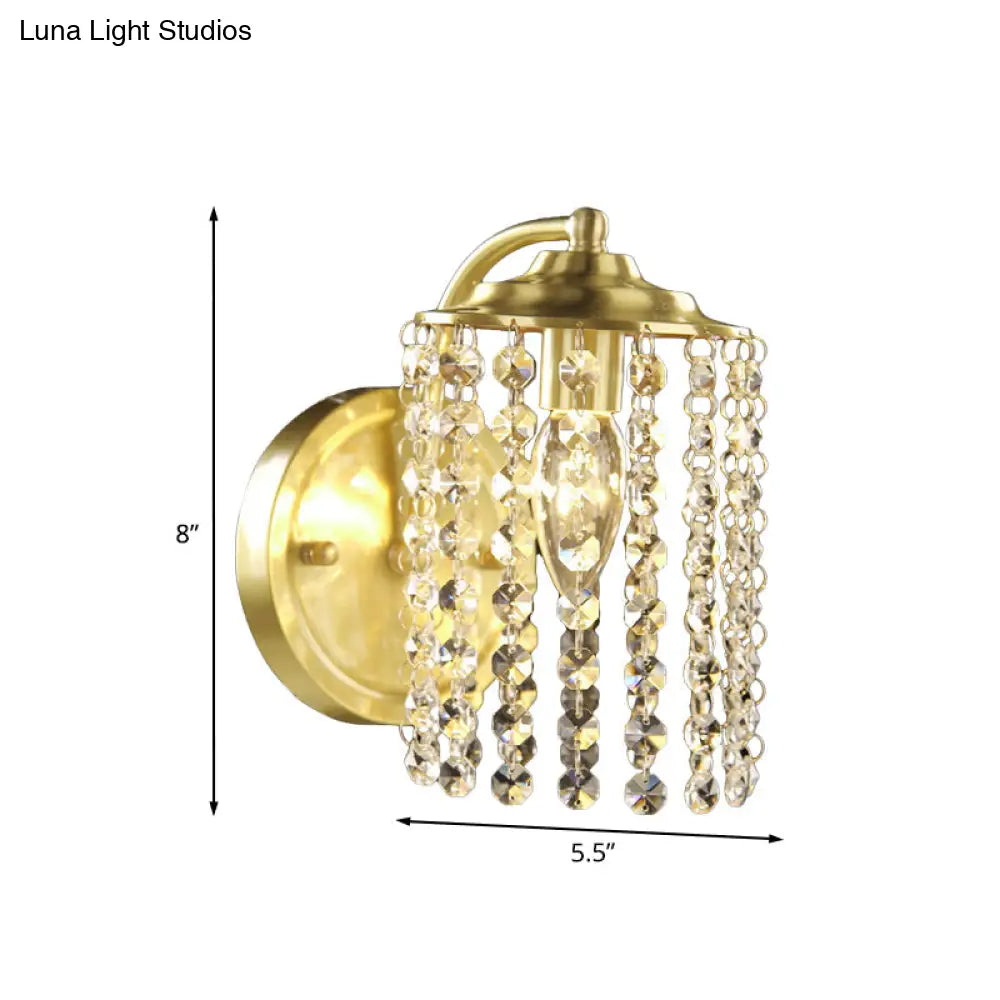 Rustic Crystal Bead Brass Wall Sconce With 1 Light Cylinder Mount Fixture
