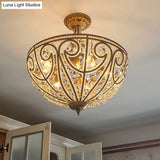 Rustic Crystal Bead Ceiling Lamp - Antiqued Gold Hemisphere 5 Lights Ideal For Dining Room