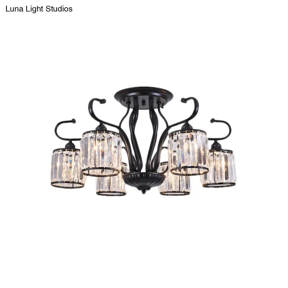 Rustic Crystal Block Cylinder Semi Flush Mount Light - 3/6 Lights Black Ceiling For Dining Room