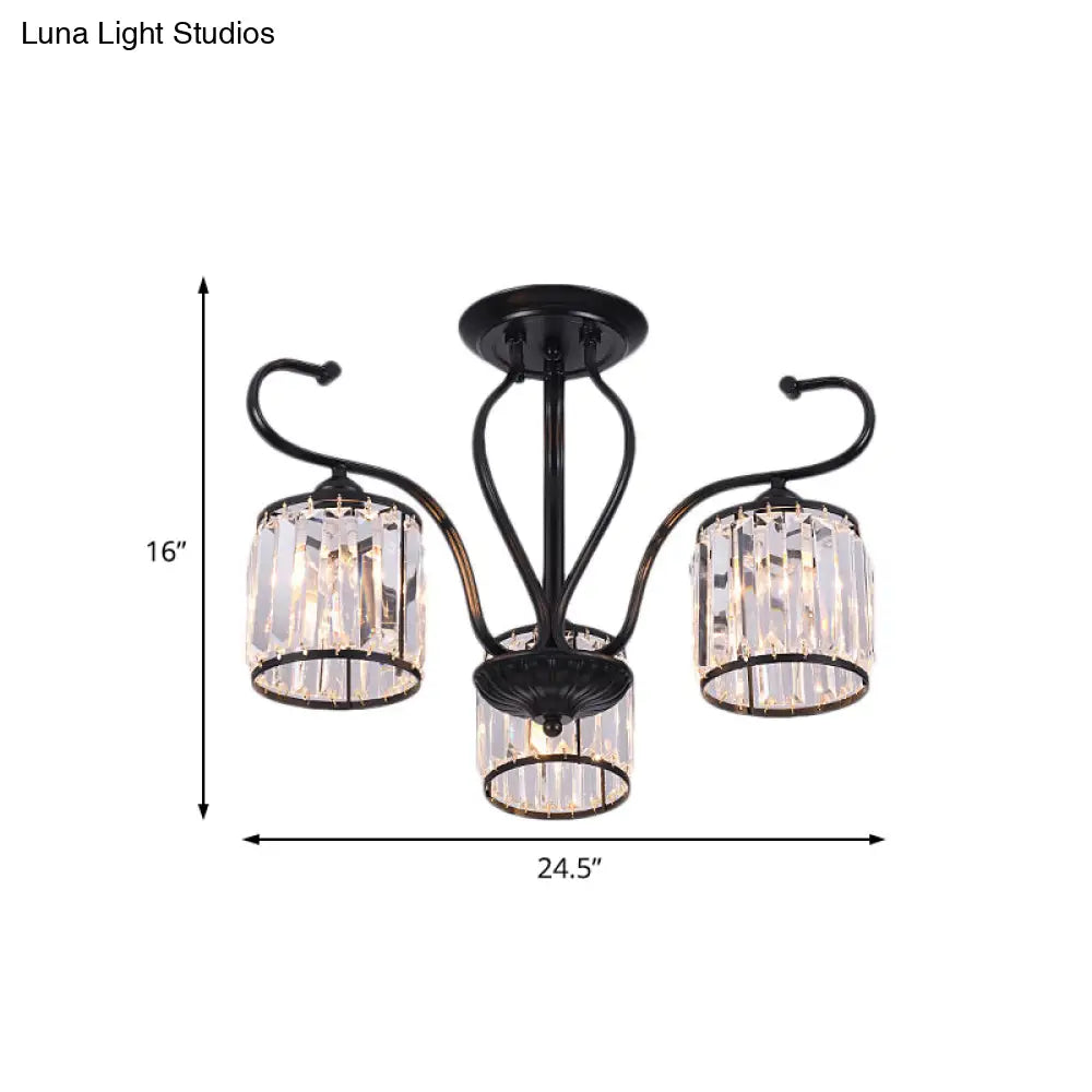Rustic Crystal Block Cylinder Semi Flush Mount Light - 3/6 Lights Black Ceiling For Dining Room
