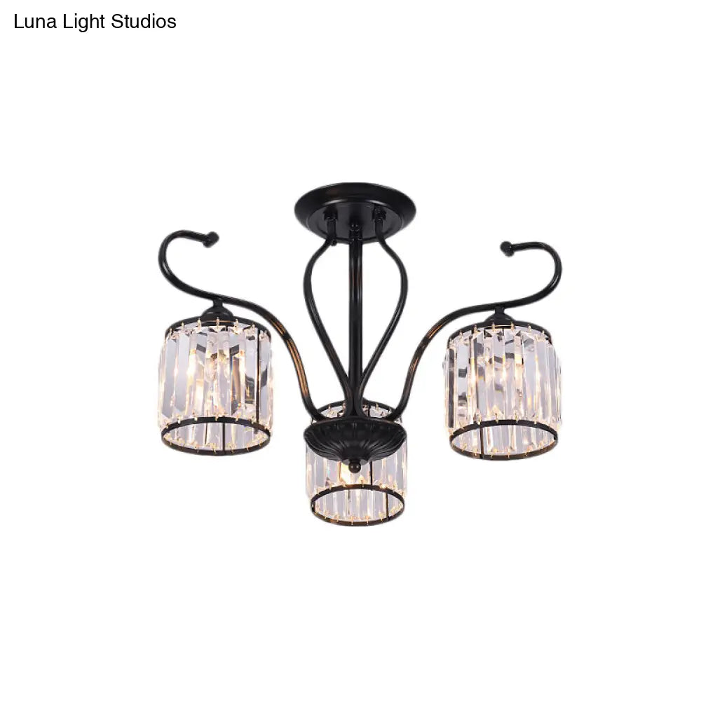 Rustic Crystal Block Cylinder Semi Flush Mount Light - 3/6 Lights Black Ceiling For Dining Room