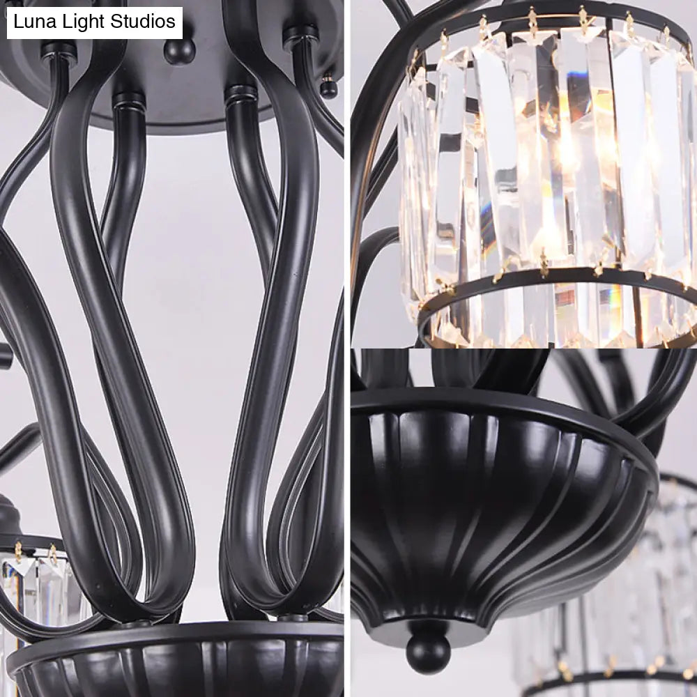 Rustic Crystal Block Cylinder Semi Flush Mount Light - 3/6 Lights Black Ceiling For Dining Room