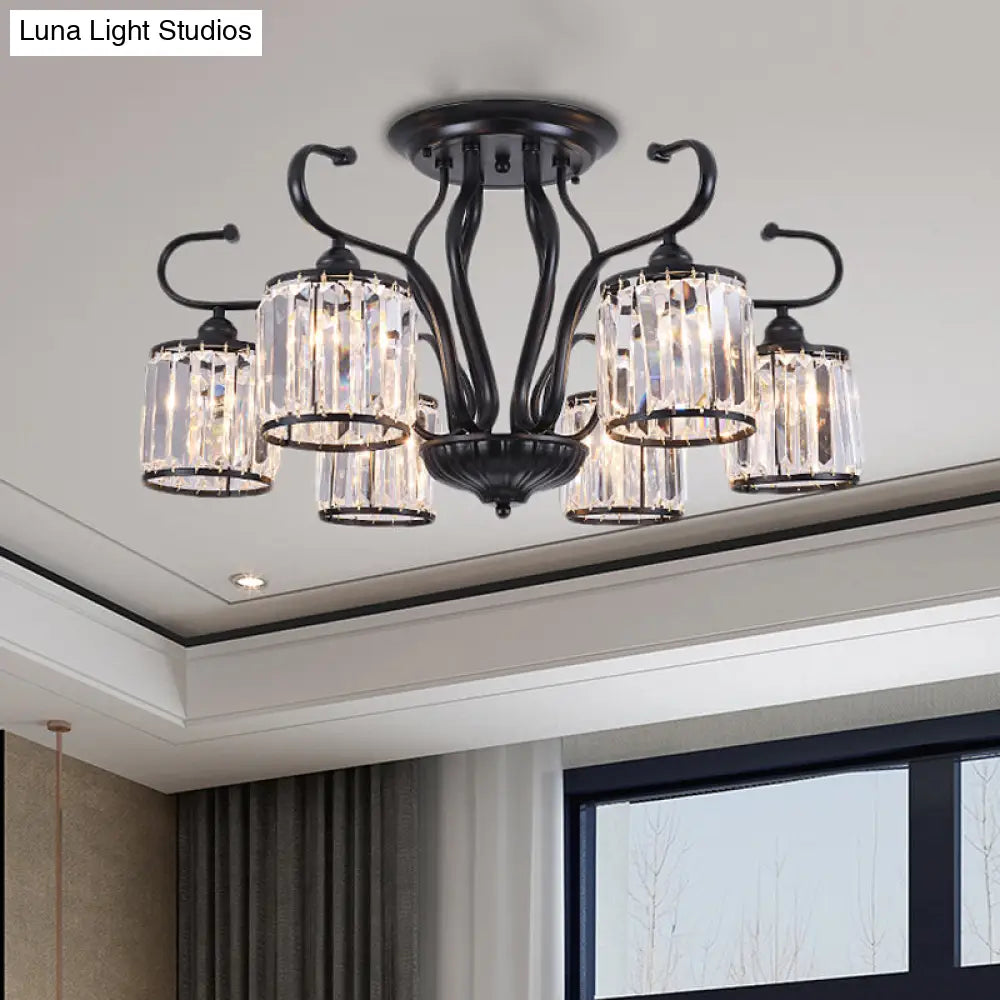 Rustic Crystal Block Cylinder Semi Flush Mount Light - 3/6 Lights Black Ceiling For Dining Room