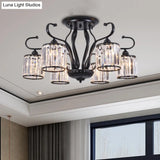 Rustic Crystal Block Cylinder Semi Flush Mount Light - 3/6 Lights Black Ceiling For Dining Room