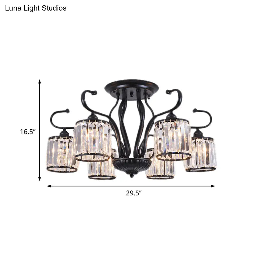 Rustic Crystal Block Cylinder Semi Flush Mount Light - 3/6 Lights Black Ceiling For Dining Room