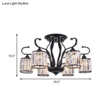 Rustic Crystal Block Cylinder Semi Flush Mount Light - 3/6 Lights Black Ceiling For Dining Room