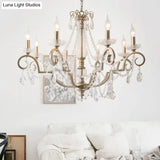Rustic Crystal Candle Chandelier: Aged Silver Living Room Light With Swirled Arm