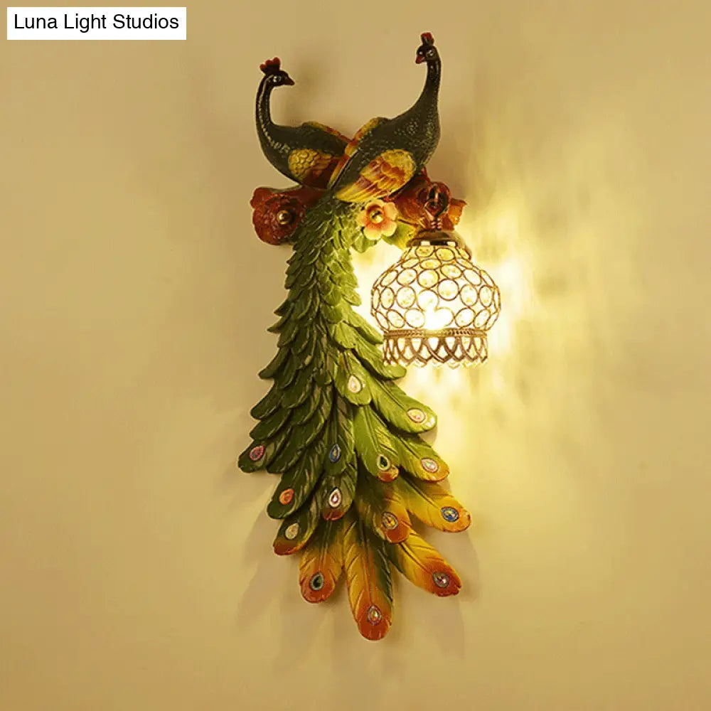 Rustic Crystal-Encrusted Lantern Wall Lamp: Multicolored Peacock Deco 1-Light Sconce For Living Room