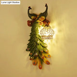 Rustic Crystal-Encrusted Lantern Wall Lamp: Multicolored Peacock Deco 1-Light Sconce For Living Room