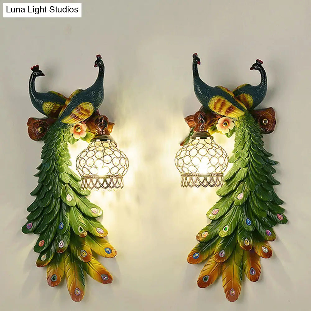 Rustic Crystal-Encrusted Lantern Wall Lamp: Multicolored Peacock Deco 1-Light Sconce For Living Room