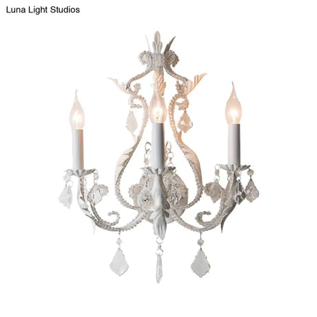 Rustic Curved Arm Wall Mount Light - 3-Light Grey/White/Distressed White Metal Sconce With Crystal