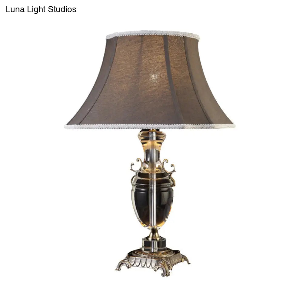 Rustic Dark Gray Fabric Tapered Table Lamp With Crystal Accent - Single Bulb Night Light For Bedroom